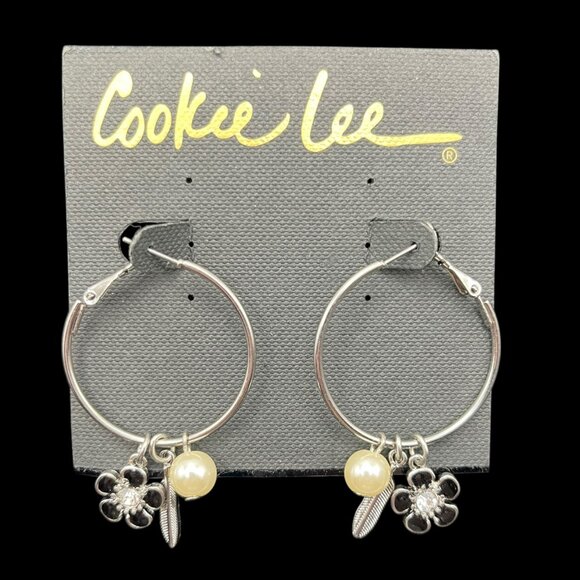 VTG Cookie Lee Earrings Silver Tone Hoops Removeable Charms Flower Feather Pearl - Picture 1 of 5